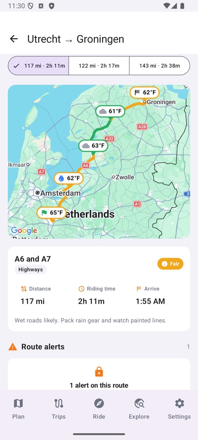Route with weather at each checkpoint