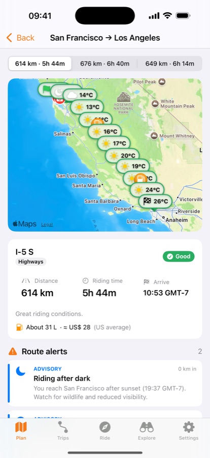 Riders Compass route with weather checkpoints on iPhone