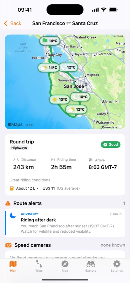 Round trip on different roads